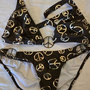 VENUS Gold and Brown Peace Sign Bikini Swimwear With Hardwear Peace Signs
